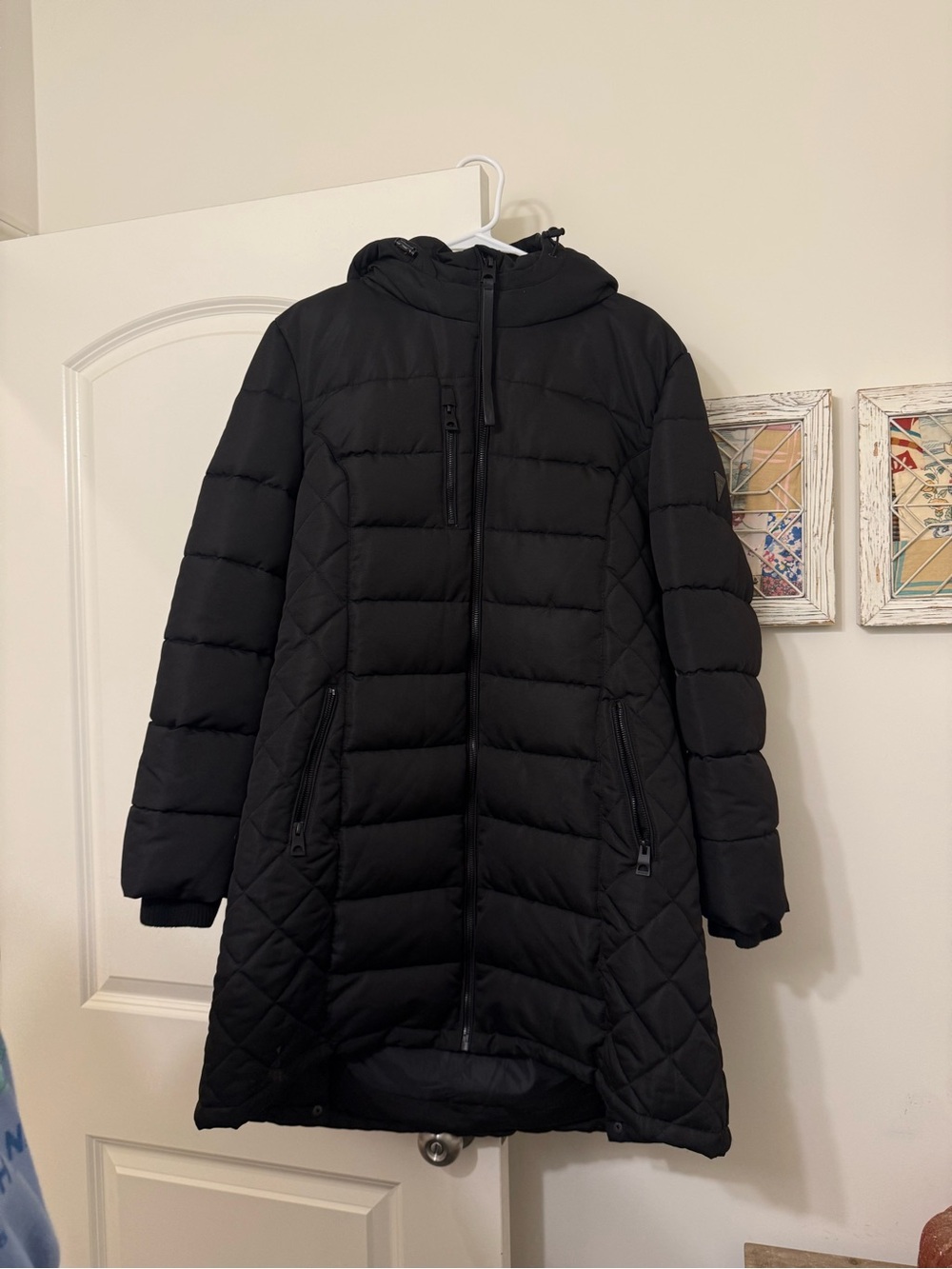Guess Women's Black Long Hooded Puffer Coat